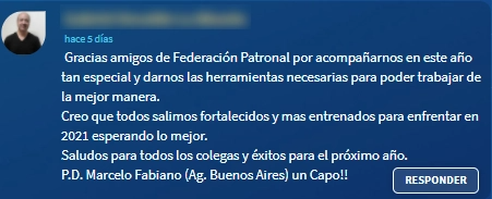 Comentario de un productor en la plataforma agradeciendo a Federación Patronal por el acompañamiento durante 2020 y deseando éxitos para 2021.