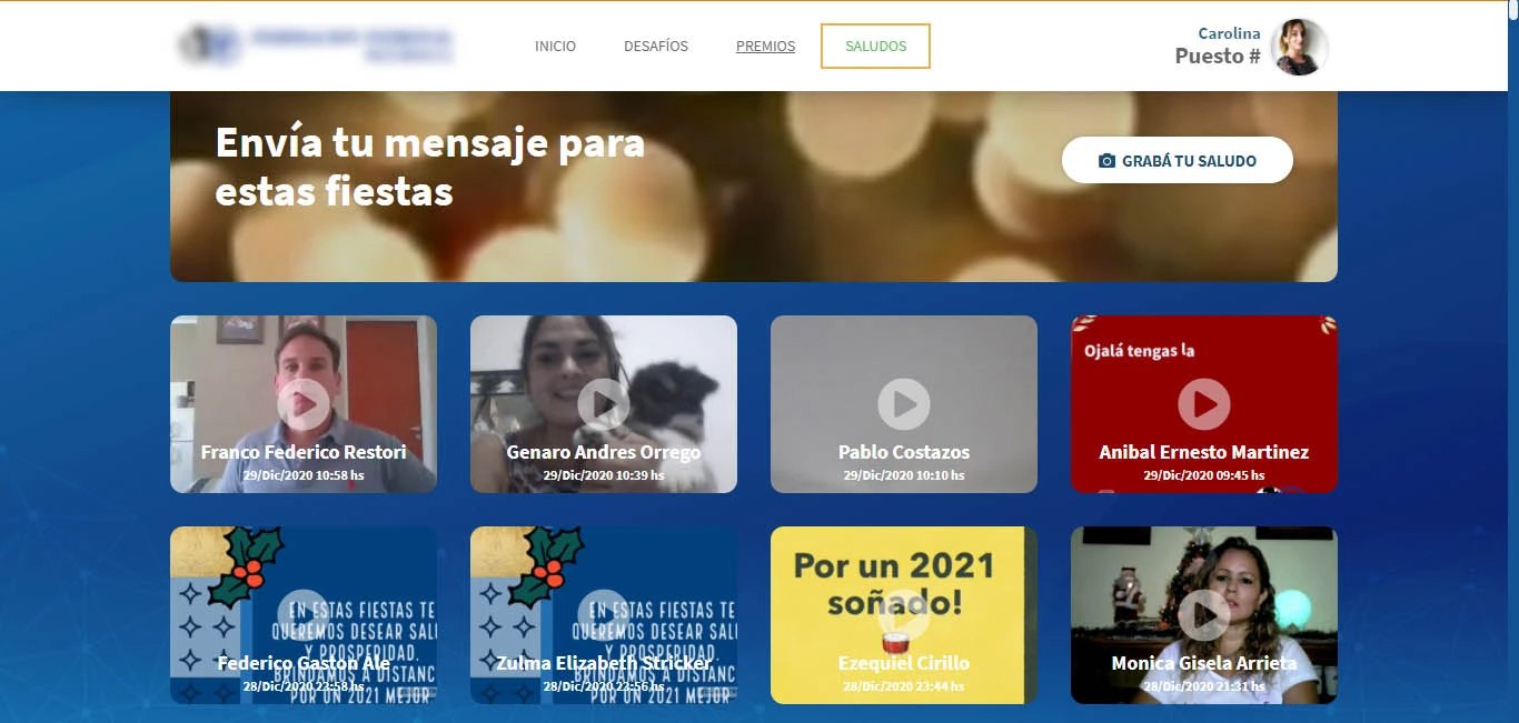 Sección Saludos de la plataforma de Federación Patronal: el botón para grabar el saludo y una grilla de videos enviados por productores en diciembre de 2020.